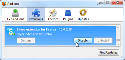 在 Firefox 3 里的“扩展”选项下，选择想要禁用的插件后点击“禁用”按钮
