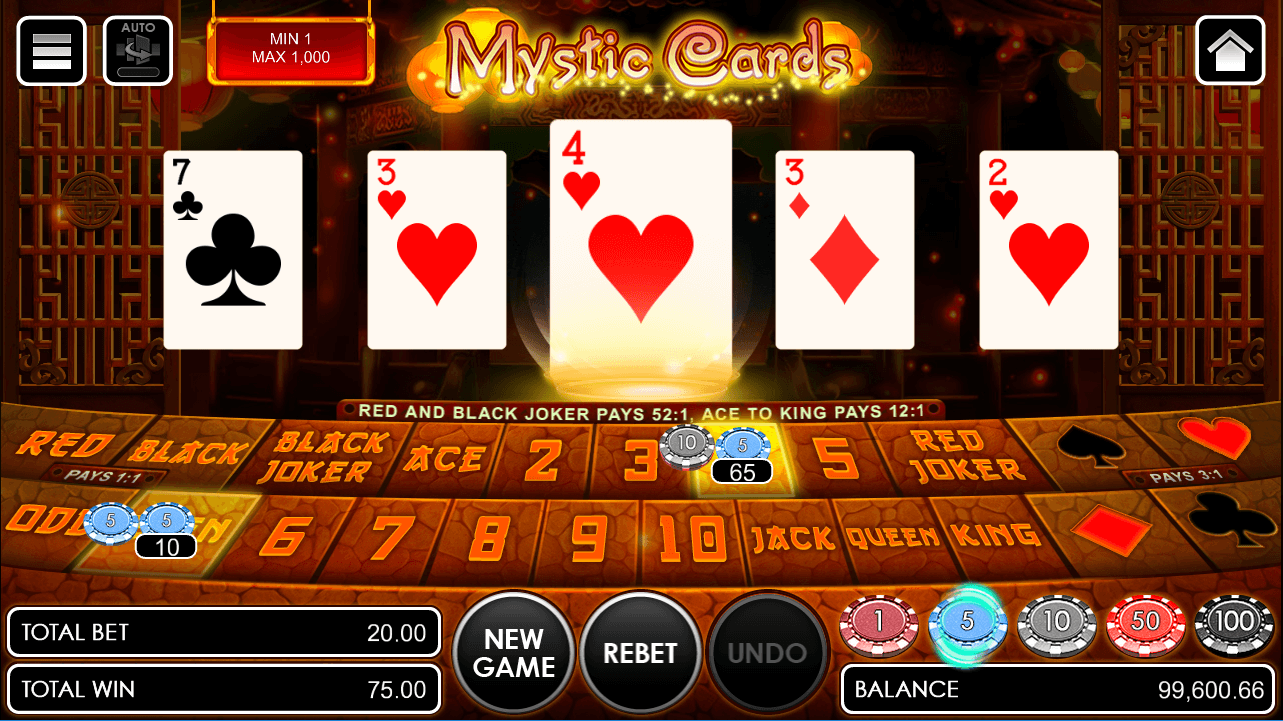 Mystic Cards game with betting options correctly guessed