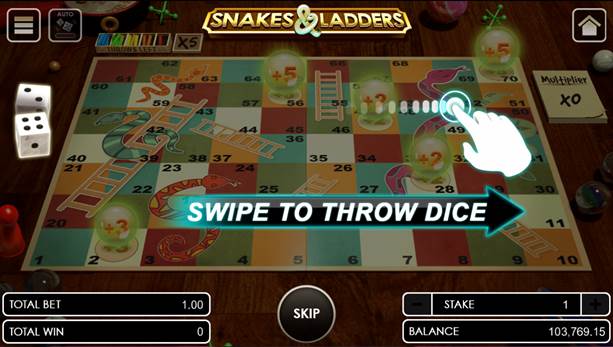 Snakes and Ladders swipe to throw dice