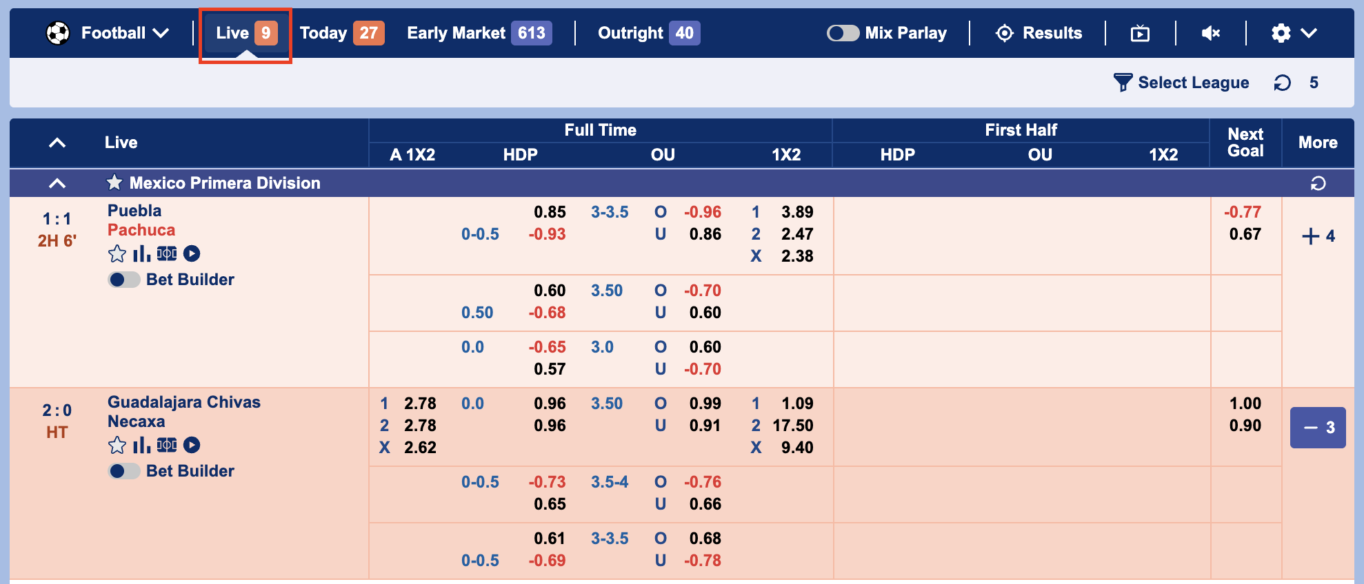 Live Events beside Sports menu