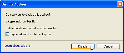 Disable or cancel Add-ons in IE8