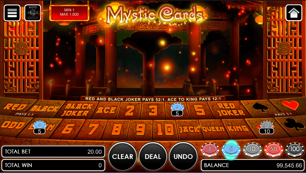 Mystic Cards game with betting options selected