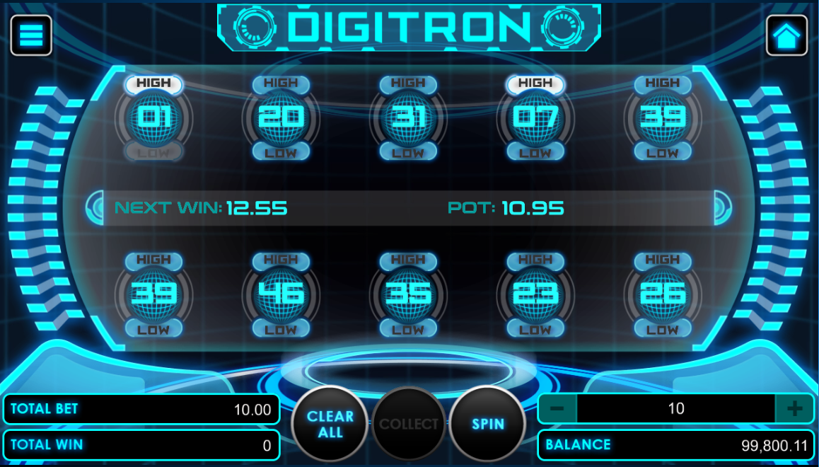 Digitron game with betting options selected Digitron game with betting options selected