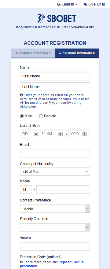 Enter your personal information to register SBOBET Account Enter your personal information to register SBOBET Account